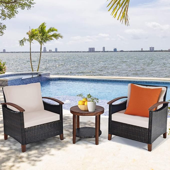COSTWAY 3PCS Patio Rattan Furniture Set, Outdoor Solid Wood Frame Cushion Sofa with Round Table for Garden Porch Backyard Poolside (Beige)