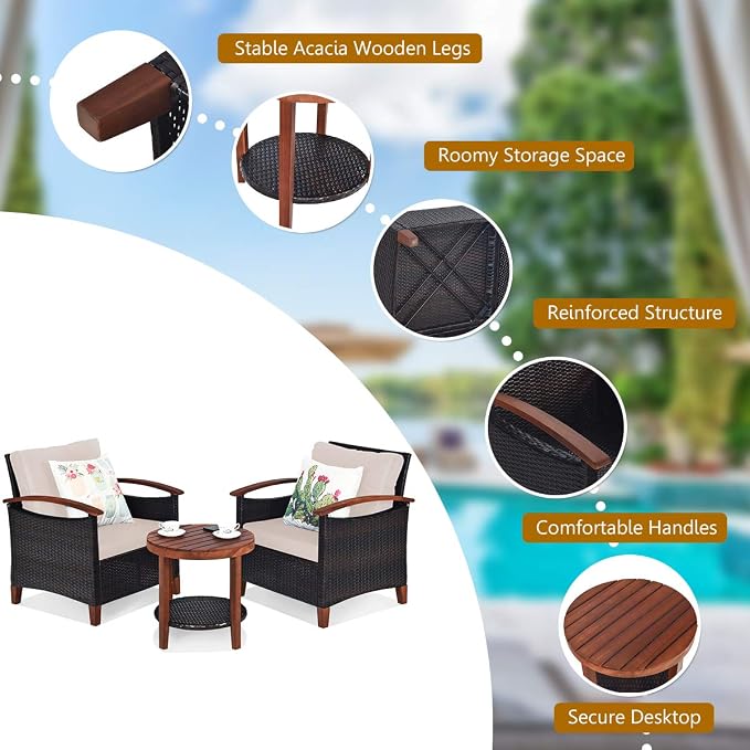 HAPPYGRILL 3 Pieces Patio Conversation Set Outdoor Rattan Wicker Sofa Set with Cushion & Acacia Wood Frame, Coffee Table and Chairs Set for Garden Poolside Balcony
