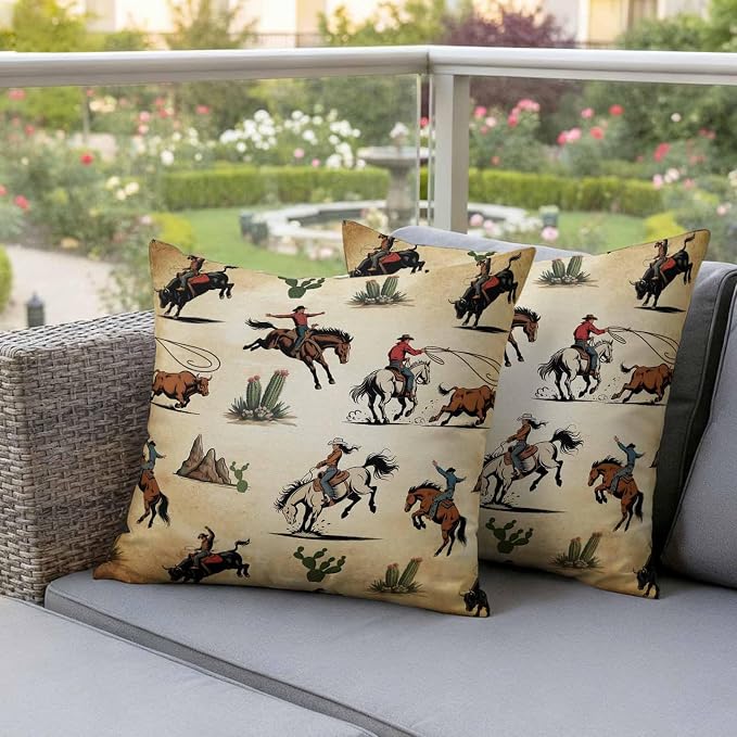 Western Cowboys Outdoor Pillow Covers Waterproof, All Weather Cushion Case Set of 2, Brown Vintage Country Cactus Decorative Pillowcases for Sofa Couch Bed Decor Patio Furniture 18"x18"