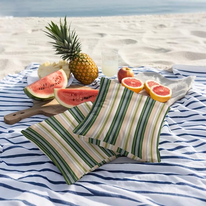 Green Brown Striped Outdoor Pillow Covers 26x26 Inch Throw Pillow Covers Set of 2 Waterproof Decorative Pillow Cases Modern Stripes Art Farmhouse Cushion Covers for Patio Furniture Garden Couch Sofa