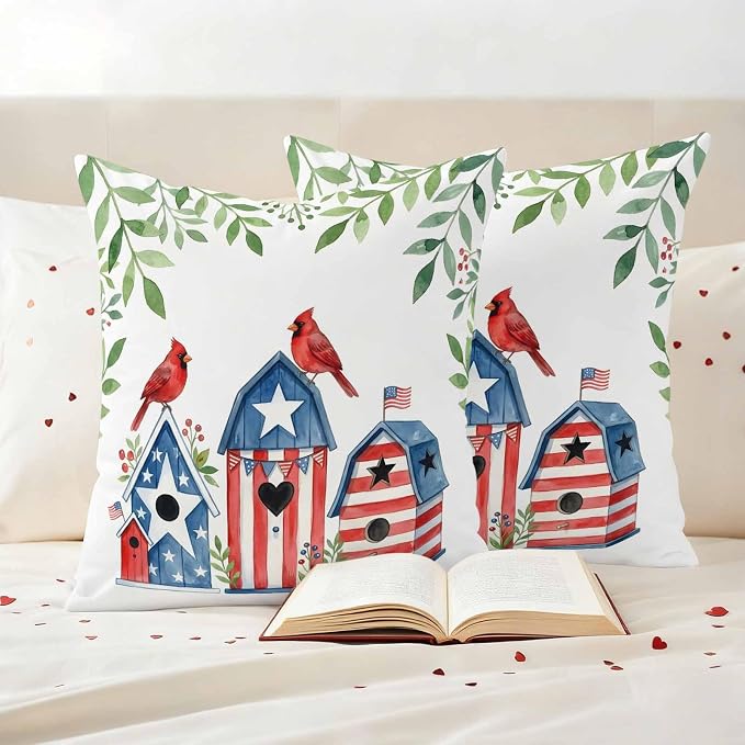 American Flag Bird House Outdoor Pillow Covers Waterproof, All Weather Cushion Case Set of 2, Green Eucalyptus Leaves 250th Decorative Pillowcases for Sofa Couch Bed Decor Patio Furniture 16"x16"
