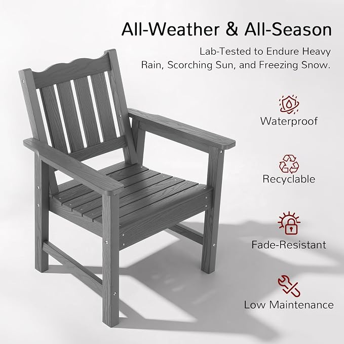 Stoog Outdoor Chairs Set of 2, All-Weather HIPS Patio Dining Chairs with Curved Backrest, 400 lbs Support Garden Chairs, Grey