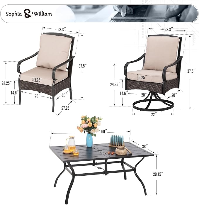 Sophia & Willliam Oversized Outdoor Dining Set 7 Piece Metal Patio Table and Chairs Set with 4 Padded Patio Dining Chairs,2 Swivel Chairs & 60" Rectangular Dining Table, Deck,Lawn,Kitchen Furniture