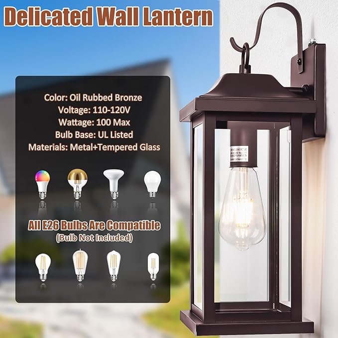 Bronze Dusk to Dawn Outdoor Wall Sconces 2-Pack Large | Exterior Light Fixtures Brown, 17 Inch Outdoor Light Fixtures Oil Rubbed Anti-Rust, Outside Carriage Coach Lamps, ETL List