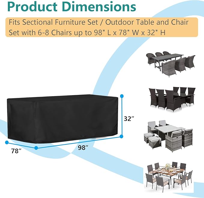 Patio Dining Table Sets Cover, Outdoor Dining Furniture Set Cover for Table with 6-8 Chairs, Patio Furniture Set Cover for 4-Piece Conversation Set, Waterproof and Windproof, 98" L× 78" W× 32" H