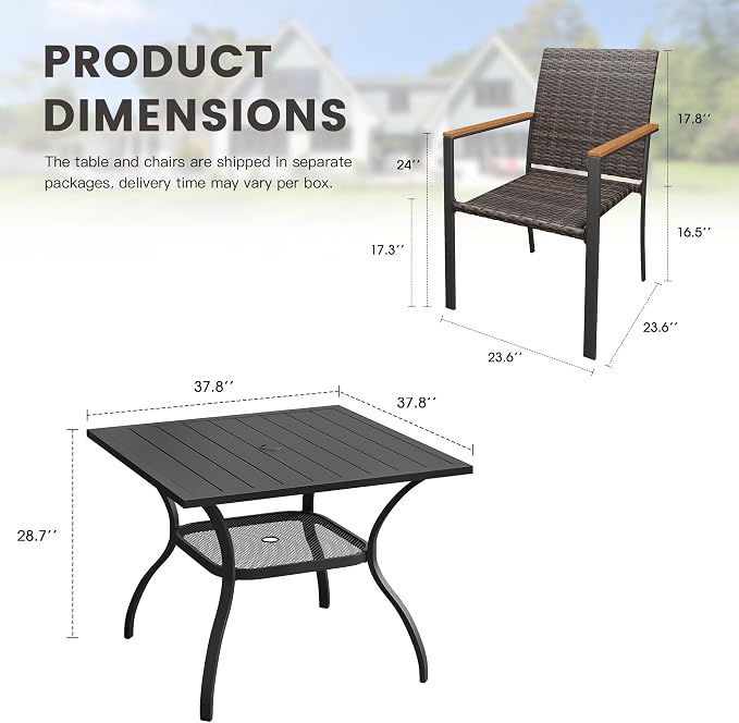 Patio Dining Set for 4, 37.8" Square Metal Table with Umbrella Hole and Stackable Wicker Patio Chairs, Outdoor Furniture Set for Deck Backyard Garden, Walnut Chairs, Black Table