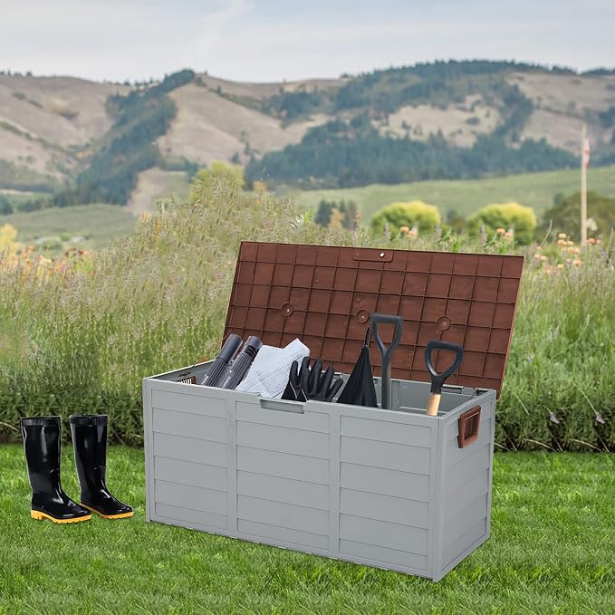 Resin Deck Box,75 Gallon 260L Outdoor Garden Plastic Storage Deck Box Chest Tools Cushions Toys Lockable Seat (Brown)
