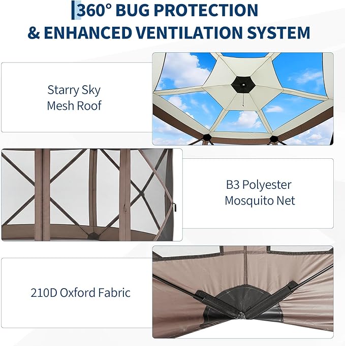 GarveeHome 13x13FT Pop Up Gazebo Screen Tent, 6-Sided Canopy with Starry Sky Top, 210D Oxford Water-Proof Instant Shelter with Mosquito Netting for Backyard Camping, Khaki & Beige