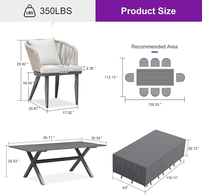 PURPLE LEAF 9 Pieces Patio Dining Set with Waterproof Furniture Cover Rectangular Table and Chairs Set for Garden Deck Aluminum Frame Backyard Kitchen Set, Cushions and Pillows Included Taupe