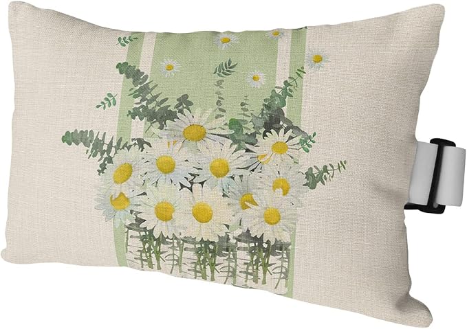 Outdoor Pillows Covers with Inserts Flowers White Daisy Leaves Green Stripe Retro Linen Waterproof Pillow with Adjustable Strap Throw Pillows for Patio Furniture Recliner Lounge Chair, 11" x 16", 1PCS