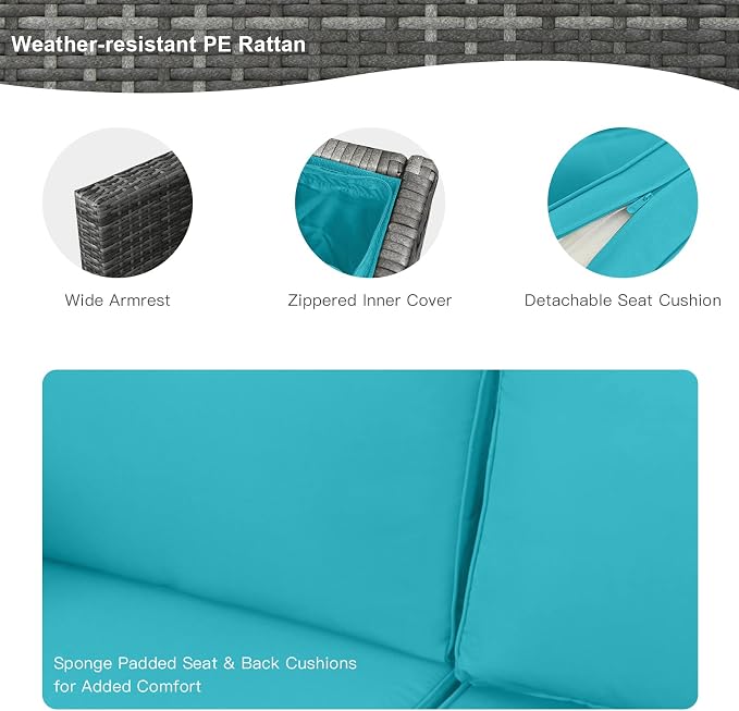 Tangkula 9 Pieces Patio Rattan Furniture Set, Patiojoy Sectional Sofa Set w/Storage Box, Coffee Table, Outdoor Wicker Conversation Set w/ 42” ETL Approved Propane Fire Pit Table (Turquoise)