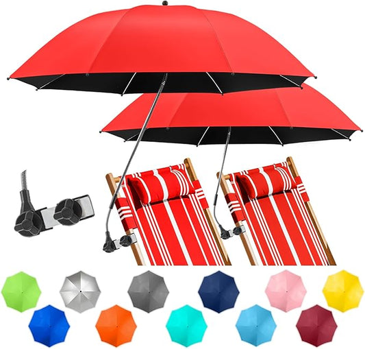 2 PACK Beach Umbrella with Clamp, 360 ° Adjustable Umbrellas for Chair, UPF50+ Umbrella for Beach Chair, Patio Chair, Wheelchair, Camping Chair, Golf Carts (Chair Not Included)