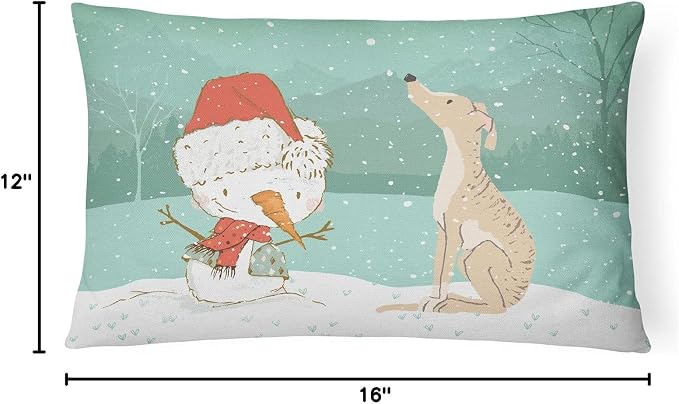 Caroline's Treasures CK2043PW1216 Brindle Greyhound Snowman Christmas Canvas Fabric Decorative Pillow Machine Washable, Indoor Outdoor Decorative Pillow for Couch, Bed or Patio, 12HX16W