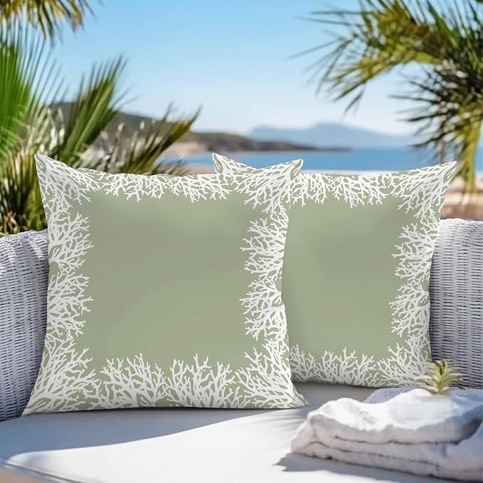 Vandarllin Outdoor Throw Pillows Covers 18x18 inch Set of 2 Waterproof Sage Green Coral Decorative Zippered Cushion Covers for Patio Furniture, Coastal Marine Life Lumbar Pillowcases