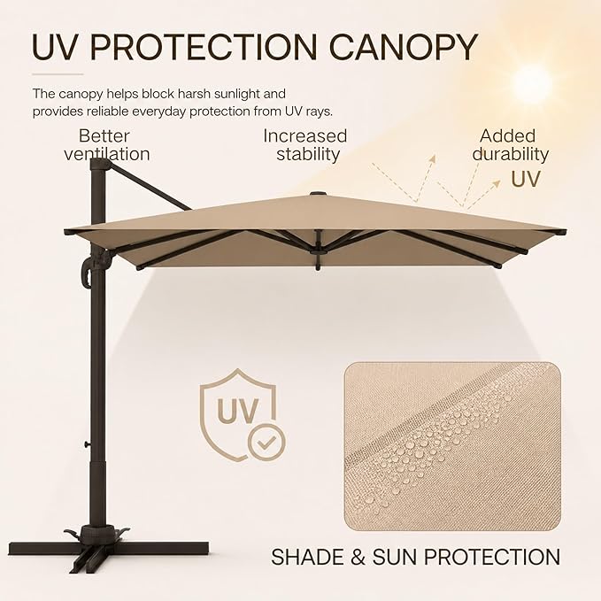 Kingdura 10' X 10' Cantilever Patio Umbrella with Base Included, Large Square Aluminum Outdoor Offset Umbrella with 360-degree Rotation, 4 Position Tilt, UV Protection for Pool Deck Garden Patio (Beige)