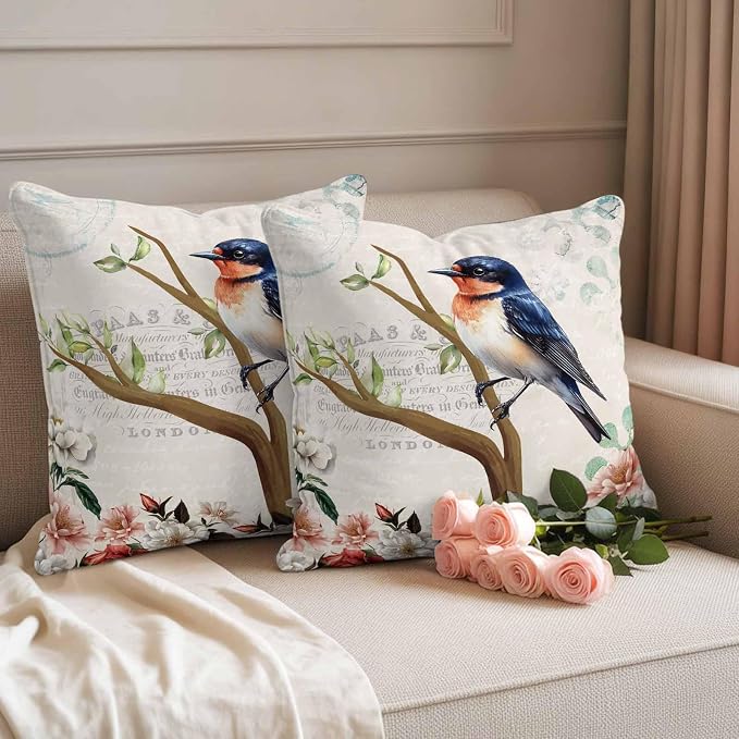 Spring Bird Branch Waterproof Outdoor Pillow Covers Set of 2 Home Decor, Farmhouse Vintage Botanical Floral Pillowcase Patio Pillow Covers for Couch Bench Furniture Garden 26x26in