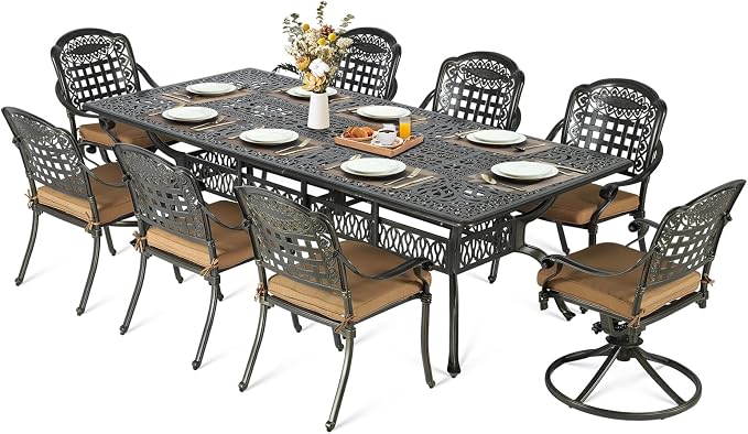 MEETWARM 9-Piece Outdoor Patio Dining Set for 8, All Weather Cast Aluminum Patio Funiture Table and Chairs Set- 94.5” Rectangular Table and 2 Swivel Rocker Chairs, 6 Stationary for Garden, Khaki