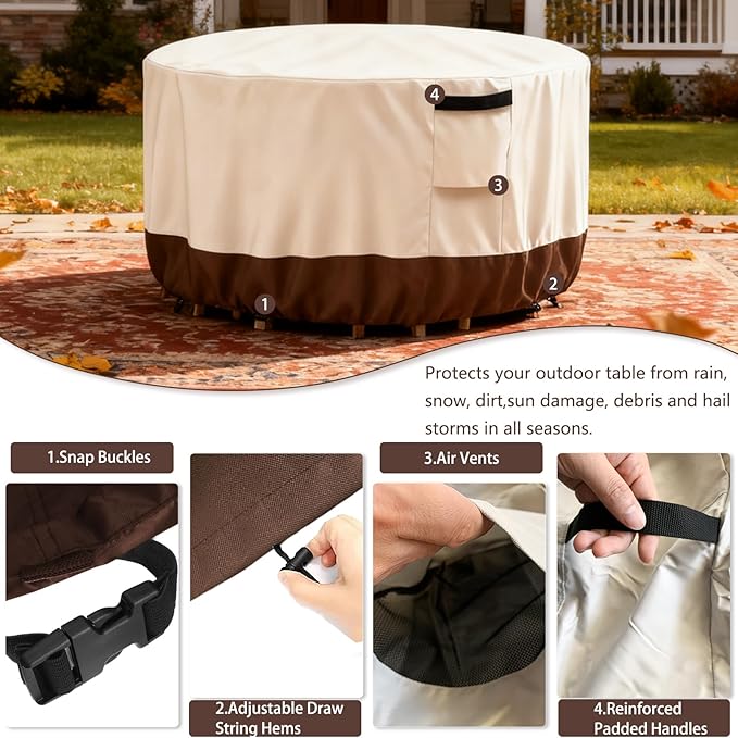 Outdoor Round Table Cover Waterproof Patio Furniture Covers,Patio Round Table Chair Set Covers - 48" Dia x 34" H (Beige & Brown)