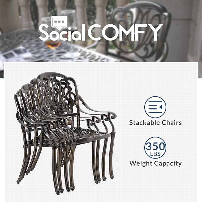 9-Piece Patio Cast Aluminum Dining Set, All-Weather Outdoor Dining Set for 8, Includes 64" Square Table and 8 Cushioned Chairs with Umbrella Hole for Patio Deck Garden, Navy Blue