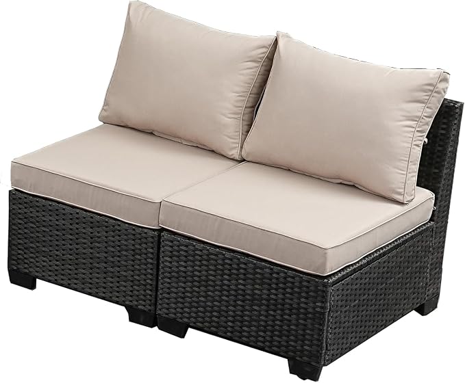 2 Piece Outdoor Wicker Armless Sofa, Patio Sectional Sofa Set with Thick Seat Cushions and 2 Back Cushions for Garden Patio, Backyard, Poolside Beige