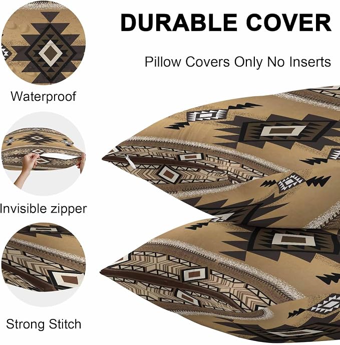 Vandarllin Outdoor Throw Pillows Covers 16x16 inch Set of 2 Waterproof Tribal Style Decorative Zippered Cushion Covers for Patio Furniture, Brown Southwest Native American Lumbar Pillowcases