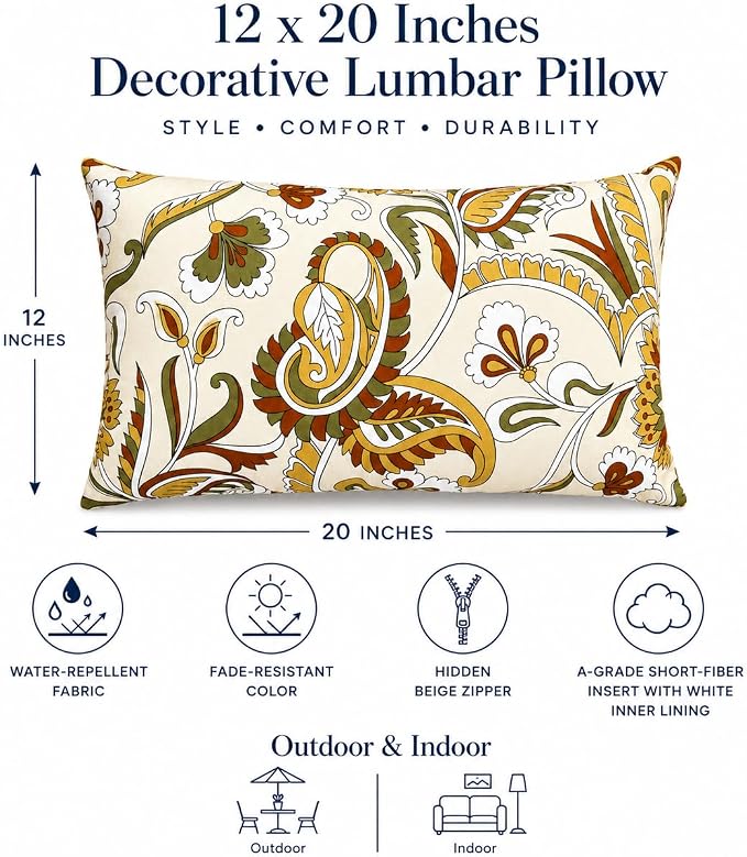 Outdoor Lumbar Pillows 12"x20" Waterproof Patio Pillows with Inserts | Set of 2 Fade Resistant Outdoor Waterproof Lumbar Pillow Decorative Garden Lumbar Cushions for Home Patio Terrace Sofa