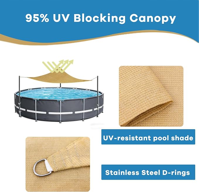 Pool Canopy Sunshade, Heavy Duty Above Ground Pool Shade with 7.55ft Adjustable Poles, Triangle Pool Shade Canopy with UV Block, Sail Shade for Above Ground Swimming Pools. (12-20ft)