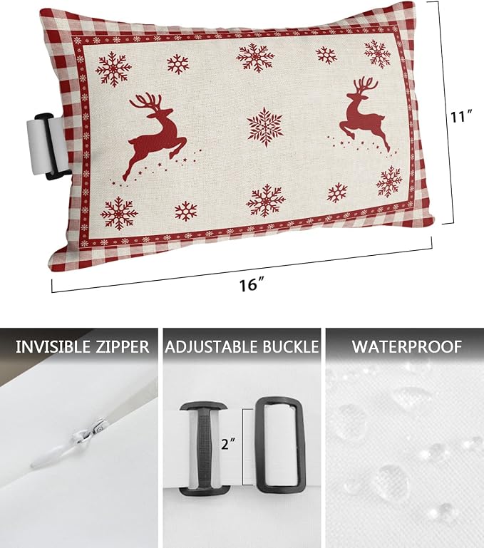 Outdoor Pillows Covers with Inserts Christmas Snowflake and Elk Red Buffalo Plaid Waterproof Recliner Pillow with Adjustable Strap Throw Pillows for Patio Furniture Pool Lounge Chair, 11x16 inch, 1PCS