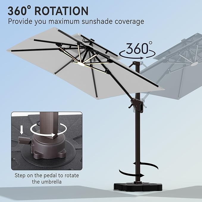 9' X 12' Cantilever Patio Umbrella with Base Included and Led Lights Double Top Rectangular Outdoor Large Offset Umbrellas with 7 Tilts Adjustable 360°Rotation for Deck Pool Garden Backyard, Fog Grey