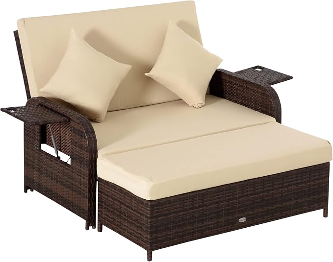 Outsunny Patio Rattan Daybed with Cushions, Wicker Outdoor Bed Lounger w/Loveseat, Storage Ottoman, Coffee & Side Tables, for Poolside, Porch, Backyard, Beige