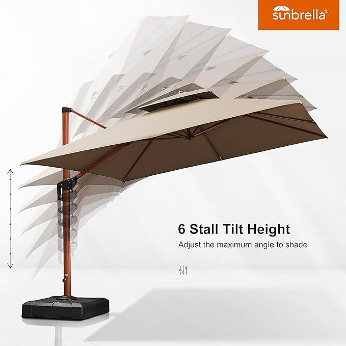 PURPLE LEAF 10' X 10' Patio Large Cantilever Umbrella Outdoor Double Top Deluxe Square Wood Pattern Umbrellas Offset Umbrella Heavy Duty Sun Umbrellas for Garden Deck Pool, Heather Beige