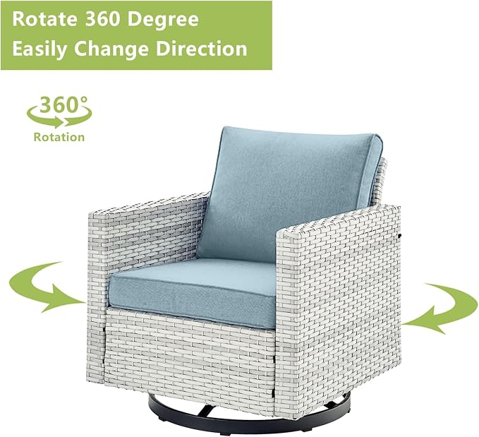 Wicker Outdoor Patio Furniture Set - 5 Piece Patio Conversation Set with 2 Swivel Rocker Chairs,2 Rattan Ottoman and 1 Metal Side Table for Outside Porch Deck Backyard Garden(Light Grey/Sky Blue)