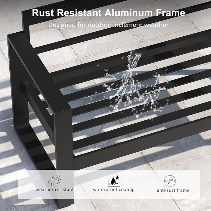 LayinSun 5 Pieces Aluminum Outdoor Patio Furniture Set, Metal Modern Conversation Sofa Set with Fire Pit Table and Washable Thick Cushions for Porch, Backyard, Deck
