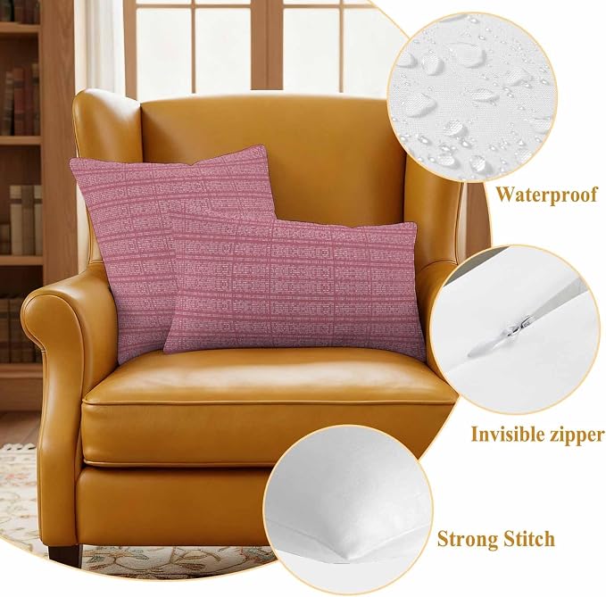 Outdoor Waterproof Throw Pillow Covers Set of 2 Pink Stripes Grain Pillowcases 24x24 Inches Solid Color Decorative Pillows Cushion Case Patio Pillows for Couch Bed Chair Garden