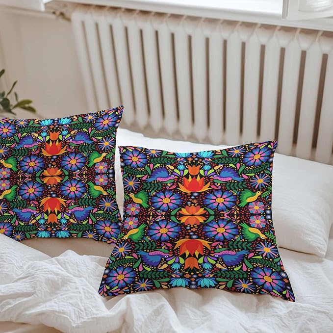 Outdoor Waterproof Throw Pillow Covers Set of 2 Colorful Mexican Floral Pillowcases 16x16 Inches Bird Rustic Assorted Flower Decorative Pillows Cushion Case Patio Pillows for Couch Bed Chair Garden