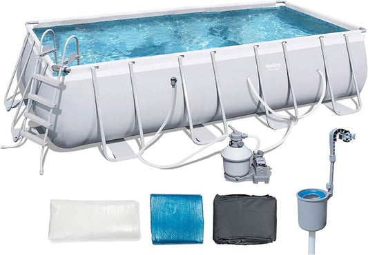 Bestway 18 x 9 x 4 Foot Rectangular Above Ground Pool Set with Ladder, 1000 Gallon Sand Filter Pump, Ground Cloth, Pool Cover, and Surface Skimmer