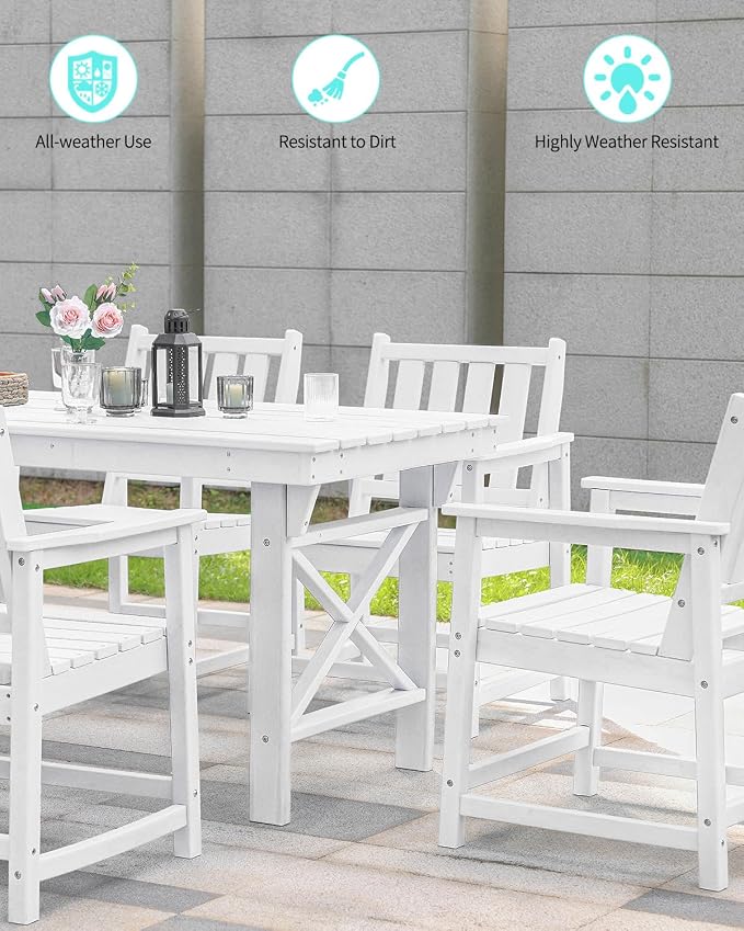 Outdoor Patio Dining Table Set, 5-Piece Outdoor HDPE Dining Furniture Sets with Umbrella Hole Table and 4 Chairs for Backyard, Garden, Lawn, Poolside, White
