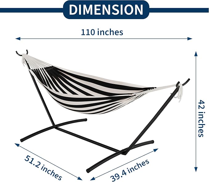 Double Hammock with Foldable Steel Stand and Carry Bag, 450LBS Weight Capacity Indoor Outdoor Standing Hammock, Portable Cotton Hammock for Garden Patio Camping Beach