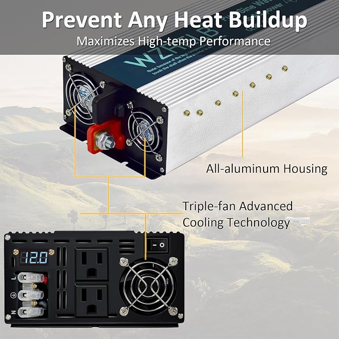 WZRELB 2500W Pure Sine Wave Inverter 24V DC to 110V 120V AC with LED Display,Remote Controller,Off-Grid Power Converter 5000W Surge with Dual AC Outlets, Hardwire Terminal for Home, RV, Truck, Camping