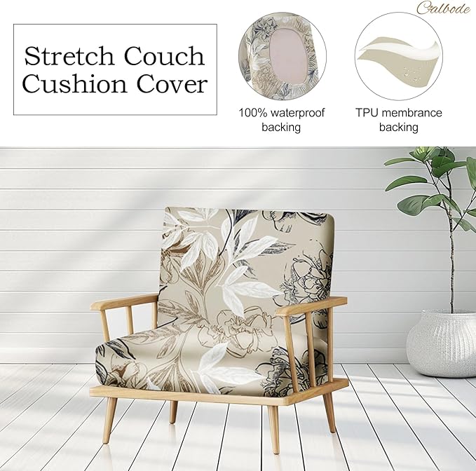 CALBODE 14Pcs Outdoor Stretch Cushion Covers,Waterproof Outdoor Chair Floral Cushion Covers for Patio Furniture, Washable Beige Couch Covers Replacement for Patio Furniture