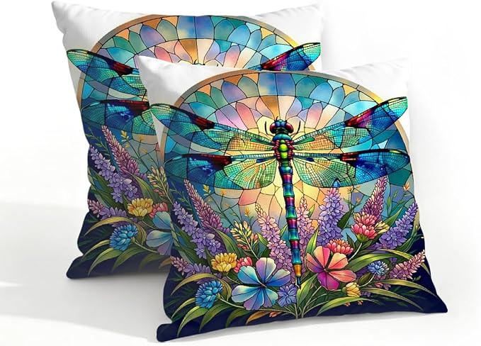 18x18 Inch Outdoor Pillow Covers Set of 2 Waterproof Throw Pillow Covers Decorative Couch Cushion Covers Stained Glass Dragonfly Floral Square Pillowcases Protectors