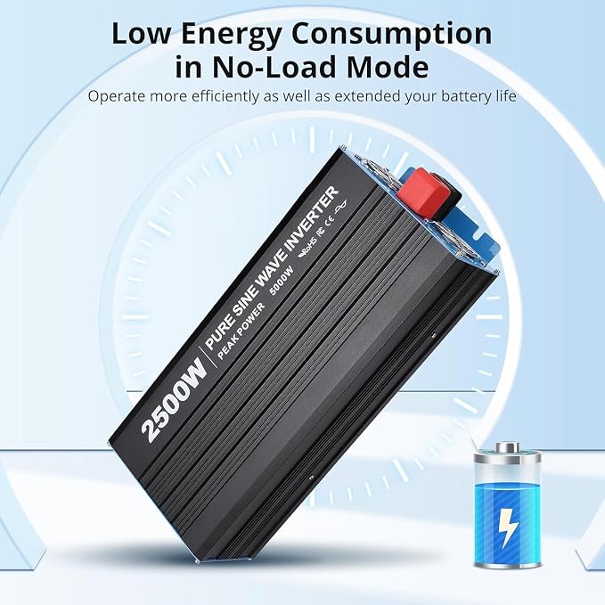 Power Inverter 2500 Watt Pure Sine Wave 12V DC to 110V/120V AC 5000W Peak Converter for Family RV Off Grid Solar System with 4 AC Outlets LCD Display Remote Control and 3.4A USB Charging Port