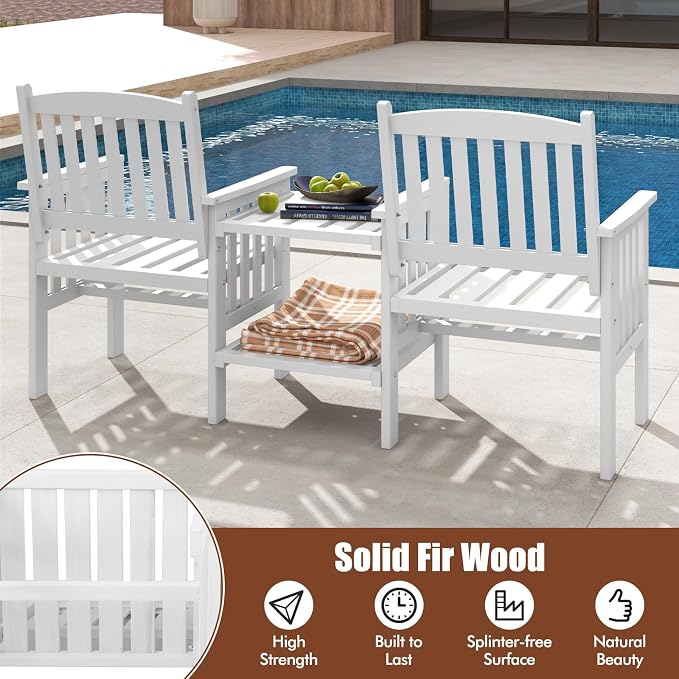 Tangkula Outdoor Wood Loveseat with 2-Tier Side Table and Umbrella Hole, 2-Seater Patio Garden Bench with Armrests and Slatted Seats, Outdoor Table and Chairs Set for Porch and Balcony