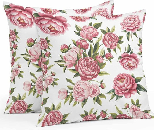 Vandarllin Outdoor Throw Pillows Covers 20x20 inch Set of 2 Waterproof Pink Rose Floral Decorative Zippered Cushion Covers for Patio Furniture, Leaves Flowers Lumbar Pillowcases
