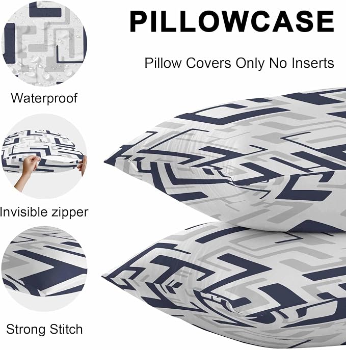 Vandarllin Outdoor Throw Pillows Covers 24x24 inch Set of 2 Waterproof Navy Blue Geometric Stripes Decorative Zippered Cushion Covers for Patio Furniture, Modern Abstract Lines Lumbar Pillowcases