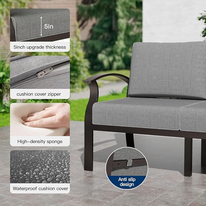 Kullavik Aluminum Patio Furniture Set,7 Piece Modern Metal Outdoor Patio Furniture w/5.1'' Thick Cushion,Swivel Chairs and 45" Propane Fire Pit Table,Patio Conversation Sets for Porch,Deck,Grey