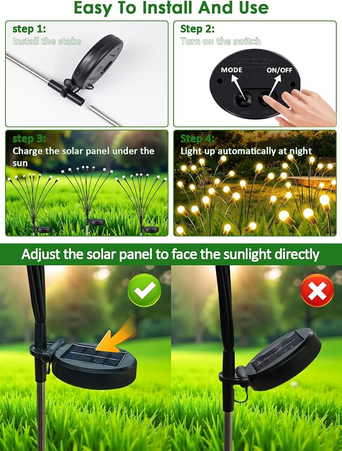 8 Pack Solar Garden Lights, 64 LED Firefly Lights Solar Outdoor Waterproof | 2 Lighting Modes, Sway with Wind, Solar lights Outdoor for Garden Yard Patio Pathway Holiday Decorations, Warm White