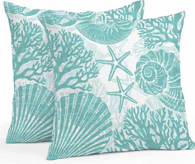 Outdoor Pillow Covers 18x18 Inch Set of 2, Teal Coastal Waterproof Throw Pillow Covers, Beach Starfish Nautical Coral Shell Summer Decorative Cushion Pillowcases for Couch, Sofa, Bed, Garden, Patio
