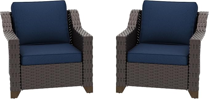 Patio 2 Pieces Wicker Chairs Set of 2，Outdoor PE Rattan Armchairs, Water-Resistant Cushions with Removable and Washable Covers, Porch, Balcony, Sunroom (Navy Blue)