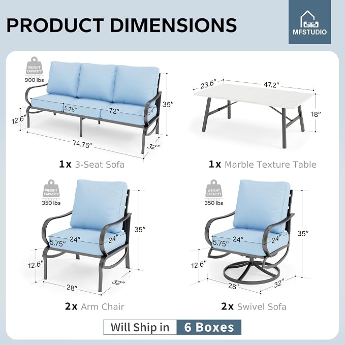 MFSTUDIO 6 Pieces Metal Patio Furniture Sets, 2 Swivel Chairs, 3-Seat Loveseat Sofa, 2 Patio Chairs & 1 Marbling Coffee Table, All Weather 7 Seats Outdoor Conversation Set for Garden Backyard, Blue